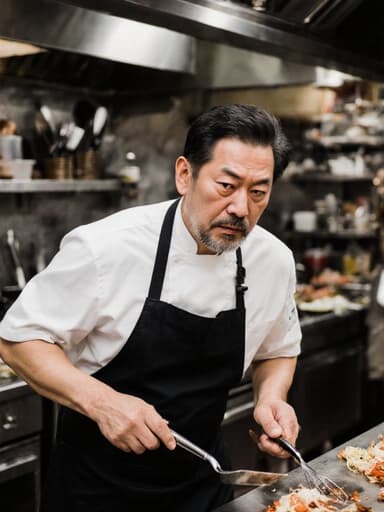 40대 동양인 남성이 자연스러운 외모로 흰색 셔츠와 검정색 앞치마를 착용하고 있는 전신 샷입니다. 그는 바쁜 주방에서 요리 도구를 들고 달려가고 있으며, 걱정스러운 표정을 지으며 눈썹을 찌푸리고 입술을 굳게 다물고 있습니다. 주위에는 다양한 조리 도구와 재료들이 어지럽게 놓여 있습니다.