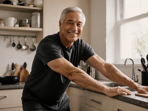 60대 혼혈 남성이 긍정적인 표정으로 미소를 지으며 깔끔하게 정리된 주방에서 스트레칭을 하며 물건을 정리하는 모습의 반신 촬영. 편안한 티셔츠와 트레이닝 바지를 입고 있으며, 조리대 위에는 다양한 요리 도구가 놓여 있어 활동적이고 건강한 라이프스타일을 전달합니다.