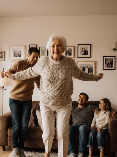 70대 유럽계 여성이 편안한 니트 스웨터와 바지를 입고, 아늑한 거실에서 가족과 함께 점프하며 소중한 순간을 즐기는 모습의 전신 사진. 벽에는 가족 사진이 걸려 있어 따뜻한 분위기가 느껴집니다.