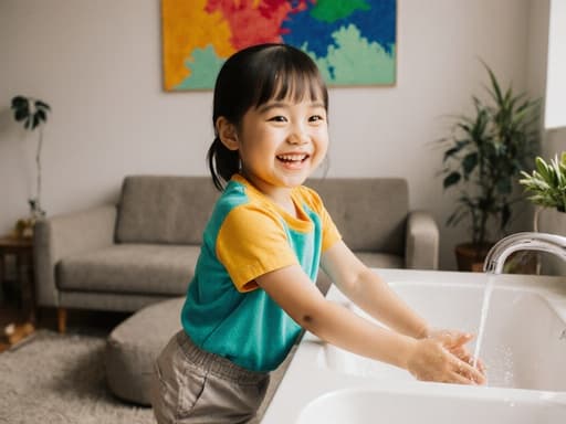 아늑한 거실에서 싱크대 앞에 서서 손을 씻고 있는 귀여운 3세 한국인 여성의 반신 사진입니다. 화사한 색상의 티셔츠와 편안한 바지를 착용하고 즐거운 표정으로 요가 자세를 취하고 있습니다. 밝은 색상의 그림이 걸린 벽과 소파, 실내 식물이 어우러져 따뜻한 분위기를 더하고 있습니다.