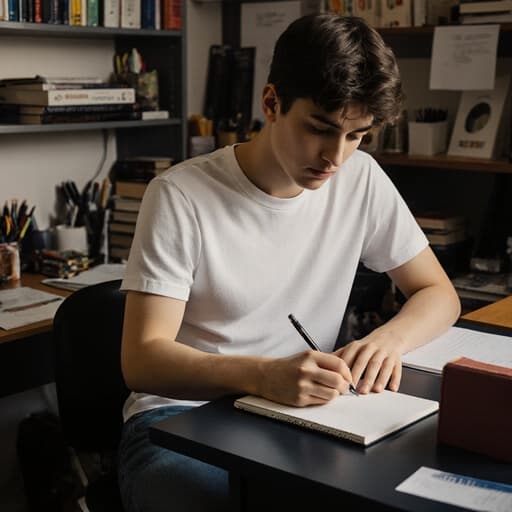 10대 후반의 백인 남성이 캐주얼한 티셔츠와 청바지를 입고, 편안한 표정으로 정리된 책상 위에 놓인 책과 문구류를 배경으로 열심히 필기를 하고 있는 모습의 반신 사진입니다.