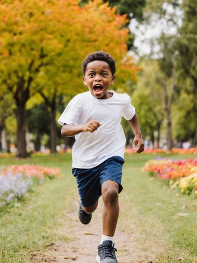 7세 흑인 남성이 무서워하는 표정으로 편안한 티셔츠, 반바지, 운동화를 입고 색색의 나무와 꽃들이 있는 공원에서 뛰어가며 놀고 있는 모습의 전신 사진.
