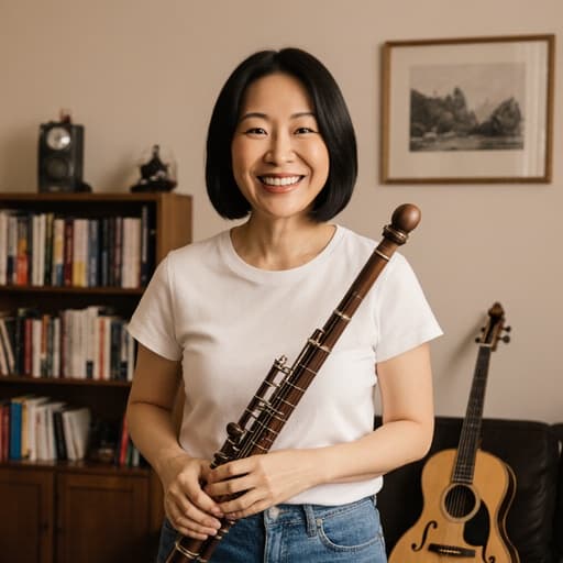 40대 아시아계 여성이 편안한 티셔츠와 청바지를 입고, 음악 관련 책과 악기가 가득한 아늑한 거실에서 서 있는 모습의 반신 사진. 그녀는 악기를 들고 활기찬 미소를 지으며 연주할 준비를 하고 있어 따뜻하고 초대하는 분위기를 연출합니다.