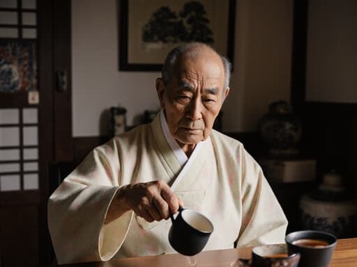 이미지는 전통 한복을 입고 테이블에 앉아 차를 따르고 있는 80대의 동양인 남성을 보여줍니다. 그의 지혜로운 표정과 깊은 주름은 평생의 경험을 반영하며, 전통 소품으로 가득한 아늑한 거실 배경이 장면의 친밀한 분위기를 더욱 강조합니다.