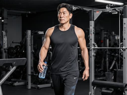 40대 건강한 한국 남성이 스타일리시한 운동복을 입고 현대적인 트레이닝룸에서 물병을 들고 자신감 있게 걷고 있는 모습의 반신 사진, 그의 건강과 웰빙에 대한 헌신을 상징합니다.