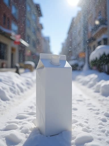 부드러운 눈이 내리는 동안 눈 덮인 거리 위의 우유 팩, 차분하고 평온한 겨울 분위기.