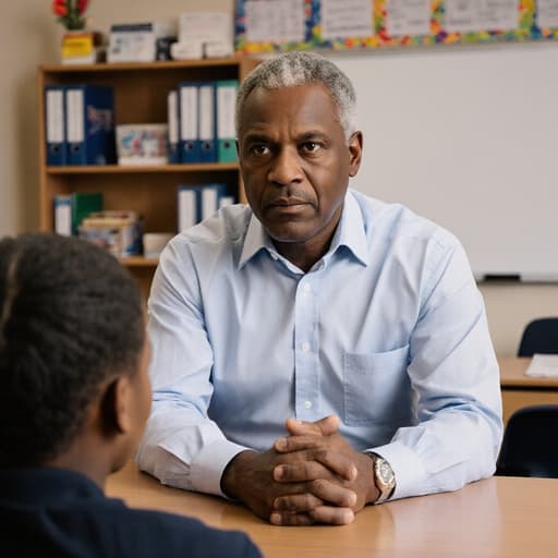 60대 흑인 남성 교사가 편안한 셔츠와 슬랙스를 입고 책상에 팔을 올리며 학생과 진지하게 대화하는 모습. 아늑한 교사 사무실에는 책장과 화이트보드가 있어 지원과 학습의 분위기를 만들어냅니다.