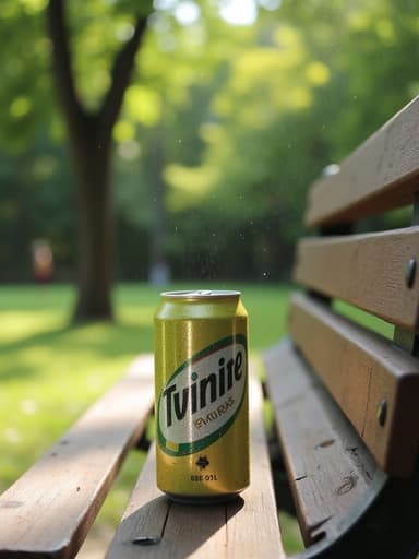 도시의 공원 벤치 위에 있는 현실적인 음료 캔, 나무 사이로 filtering하는 햇빛, 캔에 약간의 응결, 벤치의 나무 질감, 부드러운 그림자, 배경의 생동감 있는 녹지, 평화롭고 여유로운.