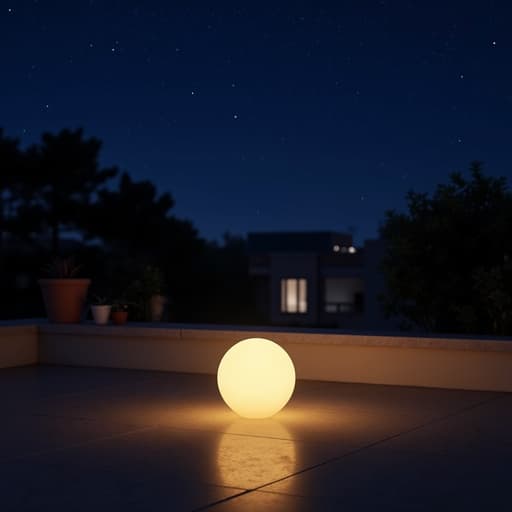별이 빛나는 밤하늘 아래 테라스에 놓인 무드등, 고요하고 아늑한 분위기를 창출합니다.
