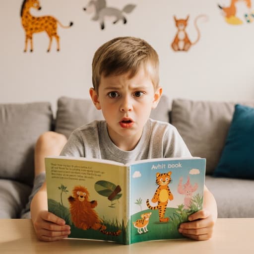 귀여운 7세 백인 남성이 무서운 표정을 지으며 편안한 티셔츠와 반바지를 입고 두 손으로 동물 그림책을 쥐고 그 책을 주의 깊게 바라보고 있습니다. 배경은 아늑한 거실로 동물 그림이 걸려 있고 부드러운 조명이 비추어 따뜻한 분위기를 만들어내며 아이의 책과의 상호작용을 강조하고 있습니다.