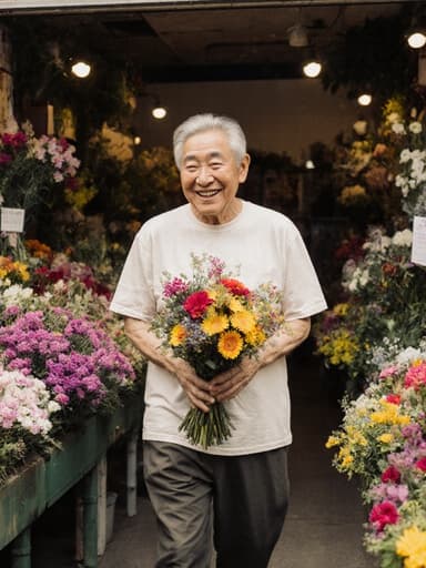 60대 한국인 남성이 편안한 티셔츠와 바지를 입고 꽃다발을 즐겁게 살펴보는 모습의 반신 사진으로, 아늑한 꽃가게 내부에 다양한 꽃들이 장식되어 있습니다.