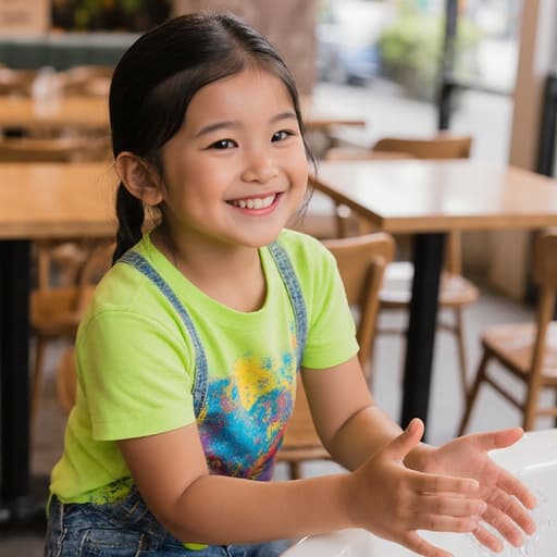 사랑스러운 표정을 지으며 손을 씻고 있는 7세 혼혈 소녀의 반신 촬영. 밝고 아늑한 카페의 나무 테이블과 의자가 배치된 배경에서 자연광으로 환한 분위기를 자아냅니다.