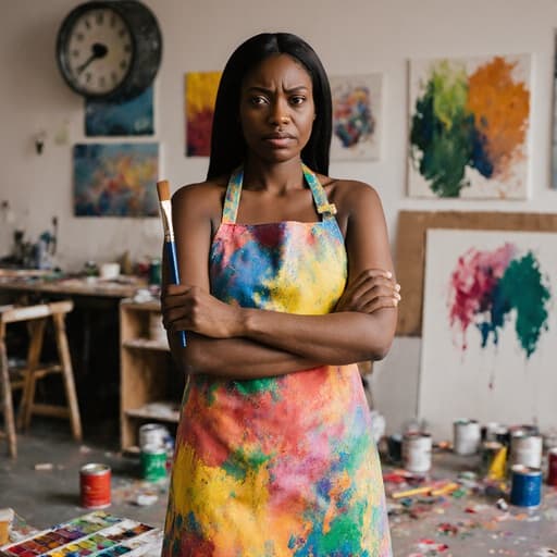 40대 흑인 여성의 반신 샷으로, 자연스러운 외모를 가진 모델이 아트 스튜디오에 서 있습니다. 컬러풀한 페인팅 앞치마를 착용하고 손에 브러시를 들고 있으며, 실망한 표정이 두드러집니다. 찌푸린 눈썹과 굳은 입술이 그녀의 감정을 잘 나타내고 있습니다. 팔짱을 끼고 한쪽 발을 살짝 앞으로 내밀며, 주변에는 다양한 그림과 흩어진 페인트 통들이 있어 예술적인 분위기를 자아냅니다.