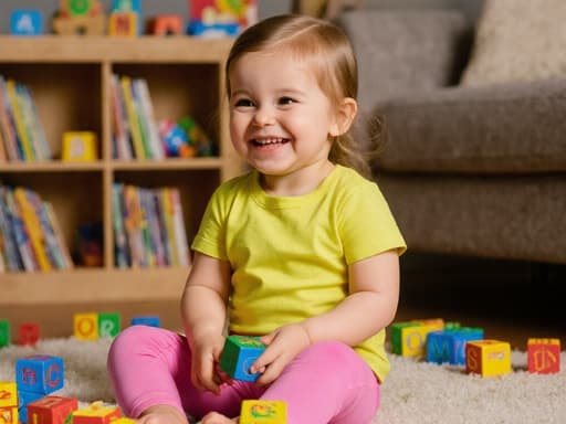 3세 유럽계 여성의 귀여운 외모를 가진 장난스러운 표정을 지으며 알파벳 블록을 손에 들고 앉아 있는 반신 사진. 아늑한 거실 배경에 책장과 다양한 알파벳 관련 장난감이 놓여져 있어 어린 시절 학습의 기쁨을 완벽하게 담고 있습니다.
