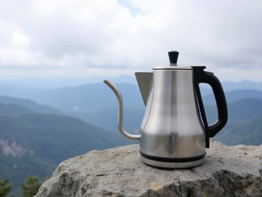 주전자, 구름 낀 산 정상, 평온하고, 높은 곳에서, 고요함