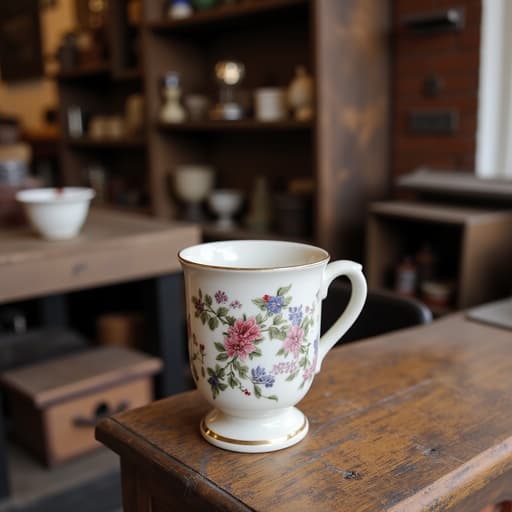 고풍스러운 세라믹 머그컵이 복잡한 꽃무늬와 약간의 유약 흠집이 있으며, 따뜻하고 초대하는 분위기의 빈티지 앤티크 숍의 나무 카운터 위에 놓여 있습니다.