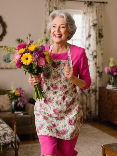 자연스러운 외모의 50대 한국인 여성이 화사한 색상의 드레스와 꽃 모티프의 에이프런을 입고, 아름답게 꾸며진 거실에서 꽃다발을 들고 달려가며 꽃을 다루는 즐거움을 표현하고 있습니다. 배경은 꽃 장식으로 조화롭게 꾸며져 있습니다.