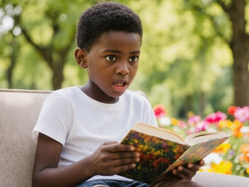 밝은 색상의 공원에 소파에 앉아 있는 7세 아프리카계 남성이 책을 들고, 눈을 크게 뜨고 무서워하는 표정을 지으며 티셔츠와 반바지를 입고 있는 모습. 배경은 화려한 나무와 꽃들로 가득 차 있어 그의 감정과 기쁜 환경 간의 대조를 강조합니다.