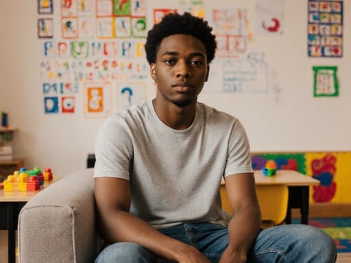 10대 후반의 아프리카계 남성이 자연스러운 외모로 소파에 편안하게 앉아 있는 반신 사진입니다. 그는 편안한 티셔츠와 청바지를 입고 무관심한 표정으로 소파의 팔걸이에 팔을 걸치고 있습니다. 배경은 알파벳과 숫자가 적힌 포스터로 장식된 아늑한 유아 교육 공간으로, 주변에 작은 책상과 장난감이 놓여 있어 학습과 창의성을 촉진하는 따뜻하고 초대하는 분위기를 자아냅니다.