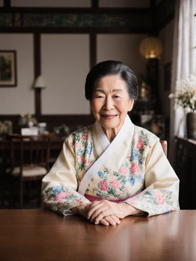 70대 한국인 여성의 반신 촬영, 화려한 자수가 있는 전통 한복을 입고 있습니다. 따뜻한 미소와 고마운 표정을 지으며 카페의 테이블에 손을 얹고 편안하게 앉아 있습니다. 전통 소품으로 장식된 아늑한 카페의 내부가 그녀의 우아한 복장을 완벽하게 보완하는 아늑한 분위기를 만들어냅니다.