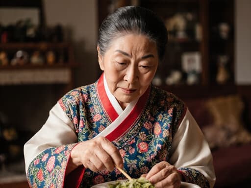 부드러운 피부와 은발을 가진 80대 한국인 여성이 화려한 자수가 돋보이는 전통 한복을 입고 있는 반신 촬영입니다. 그녀는 차분하고 평화로운 표정을 지으며 전통 음식을 만들기 위해 재료를 조심스럽게 손질하고 있습니다. 아늑한 분위기를 자아내는 따뜻한 톤과 전통 소품이 진열된 거실 배경 속에서 문화유산의 풍부함이 강조됩니다. 자연광이 그녀와 주변 요소를 부드럽게 비추어 장면의 고요한 분위기를 더합니다.