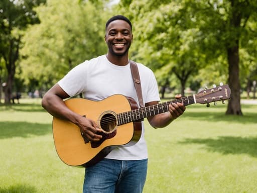 30대 흑인 남성이 편안한 티셔츠와 청바지를 입고 기타를 들고 자연스럽고 친근한 미소를 지으며 포즈를 취하는 반신 샷. 배경은 푸르른 나무들과 잔디가 펼쳐진 공원으로, 그의 즐거운 감정을 강조하는 따뜻하고 초대하는 분위기를 만들어냅니다.