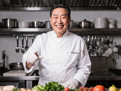 50대 아시아계 남성 요리사가 주방 조리대 위의 재료를 손으로 가리키며 미소 짓고 있는 반신 사진. 흰색 요리사 복과 면장갑을 착용하고 있으며, 다양한 요리 도구가 있는 잘 꾸며진 주방에서 따뜻하고 매력적인 요리 분위기를 연출하고 있습니다.