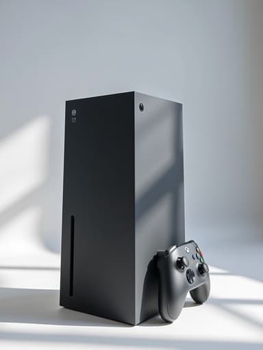 미니멀리스트 스튜디오 배경의 초현대적인 게임 콘솔, 부드러운 자연광과 섬세한 그림자가 어우러져 현대적이고 깔끔하며 집중된 분위기를 연출합니다.