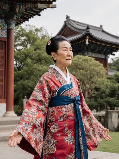 80대 아시아계 여성이 전통적인 한복을 입고 요가 자세를 취하는 모습의 반신 사진. 지루한 표정을 지으며 약간 흐트러진 자세를 취하고 있으며, 배경에는 전통 건축물이 보이는 평화로운 공원이 있습니다. 문화적으로 풍부한 분위기를 자아냅니다.
