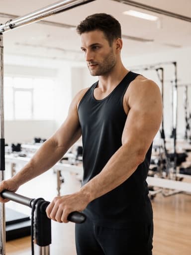 필라테스 기구를 조정하는 30대 백인 남성이 편안한 운동복을 입고 넓고 밝은 필라테스 스튜디오에서 차분하고 헌신적인 자세로 운동에 임하고 있는 모습.