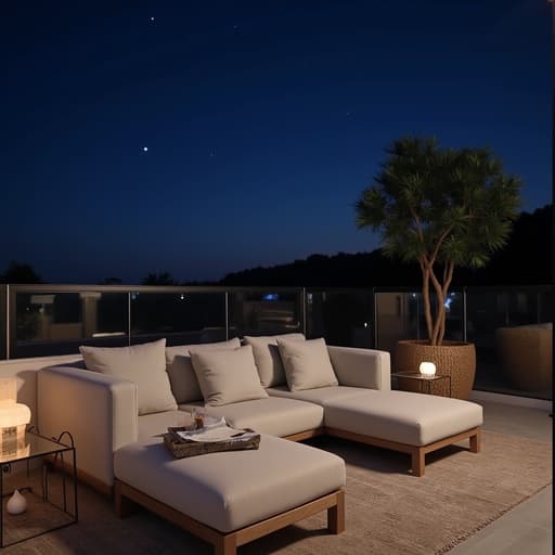 밤하늘의 별이 보이는 테라스에 놓인 소파, 아늑한 저녁