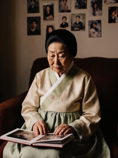 80대 아시아계 여성의 반신 사진으로, 전통적인 한복을 입고 아늑한 거실에 앉아 있습니다. 그녀는 사진 앨범을 손에 들고 슬픈 표정을 짓고 있으며, 가족 사진들이 주위에 걸려 있어 향수와 따뜻함을 느끼게 합니다.