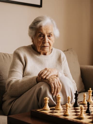 80대 라틴계 여성의 반신 사진으로, 편안한 홈웨어를 입고 아늑한 거실의 소파에 앉아 체스판을 바라보며 무관심한 표정을 짓고 있는 모습. 다리를 편안하게 뻗고 따뜻하고 초대하는 분위기 속에서 촬영되었습니다.