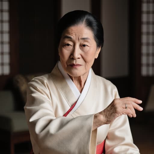 전통 한복을 입고 있는 80세 한국인 여성의 반신 사진. 전통 요소가 가미된 아늑한 거실에 서 있으며, 자연스러운 외모와 무관심한 표정을 지으며 팔을 살짝 벌리고 춤추는 자세를 취하고 있어 평화롭고 문화적으로 풍부한 분위기를 자아낸다.