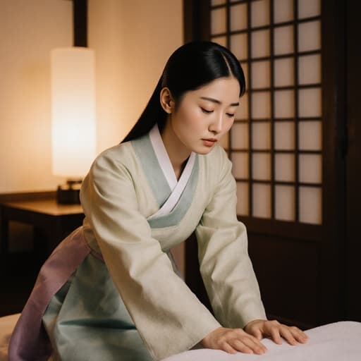 전통 한복을 입고 있는 10대 후반의 유럽계 여성 모델이 침대 옆에서 스트레칭을 하며 지친 표정을 짓고 있는 모습. 아늑한 상담실에서 따뜻한 조명이 비추고 있다.