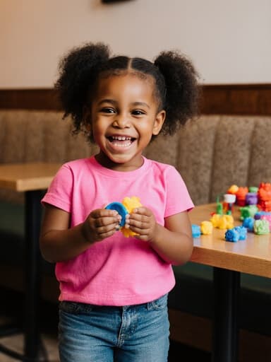 분홍색 티셔츠와 청바지를 입은 3세의 귀여운 흑인 여아가 아늑한 카페에서 작은 장난감을 손에 쥐고 즐겁게 웃고 있는 반신 사진, 테이블 위에 여러 가지 장난감이 놓여 있습니다.