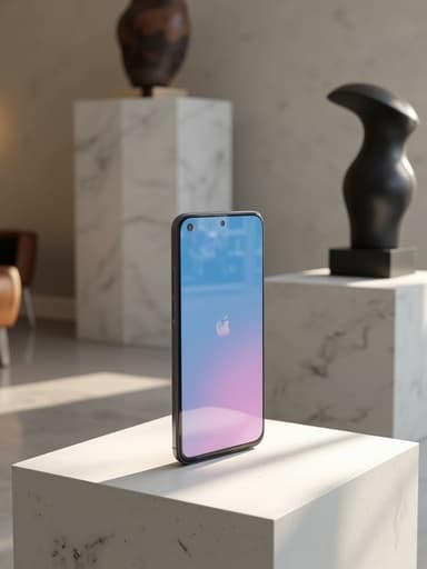 현대 미술관의 추상 조각품과 함께 있는 스마트폰과 현대적인 우아함.