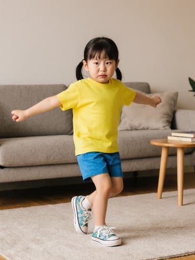 7세 한국인 여성의 전체 신체 샷으로, 귀여운 외모를 가진 밝은 색상의 티셔츠와 반바지를 입고 약간 짜증난 표정을 지으며 편안한 거실에서 춤추고 있는 모습입니다.