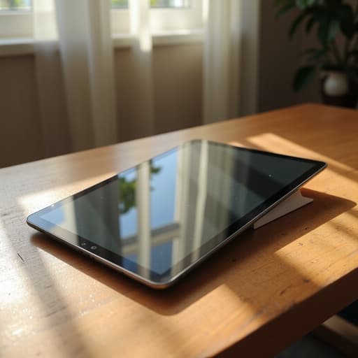나무 테이블 위에 놓인 초현실적인 태블릿, 창문을 통해 비치는 아침 햇살로 부드러운 그림자와 화면에 비치는 미세한 반사가 있는 따뜻하고 매력적인 분위기.