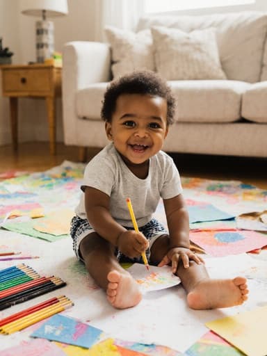 밝고 아늑한 거실 바닥에 앉아 있는 귀여운 1살 흑인 남성의 반신 사진. 편안한 티셔츠와 반바지를 입고 장난스럽고 즐거운 표정을 지으며 그림을 그리고 있으며, 다리를 뻗고 주변에 색색의 미술 도구가 흩어져 있어 즐거운 분위기를 만들어냅니다.