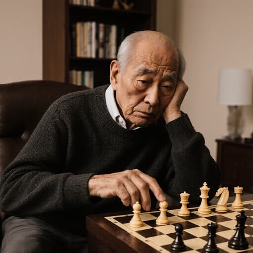 80대의 동양인 남성이 슬픈 표정을 지으며 체스판을 깊이 바라보는 반신 촬영, 편안한 니트 스웨터와 바지를 입고 아늑한 거실에서 부드러운 조명과 책장이 배경에 있는 모습.