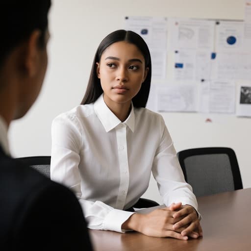 10대 초반의 혼혈 여성의 반신 사진으로, 깔끔한 블라우스와 스커트를 입고 있습니다. 편안한 표정을 지으며 진지한 대화를 나누고 있으며, 손은 회의 테이블에 올려져 있고, 상대방을 바라보며 경청하는 모습입니다. 현대적인 사무 공간의 배경에는 프레젠테이션 자료가 붙어 있어 전문적인 분위기를 자아냅니다.