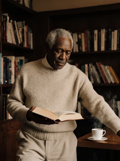 70대 아프리카계 남성이 편안한 니트 스웨터와 면바지를 입고, 한 손에 책을 들고 다른 손으로는 책을 펼치며 스트레칭하는 모습의 반신 촬영입니다. 배경은 아늑한 카페 내부로, 책장과 커피 잔이 놓여 있어 편안하고 따뜻한 분위기를 연출하고 있습니다.