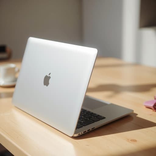 미니멀리스트 공간에 있는 노트북, 부드러운 조명 아래, 평온하고 현대적인 분위기.