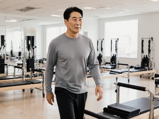 50대 한국인 남성이 편안한 필라테스 복장을 입고 필라테스 매트를 향해 우아하게 걷고 있는 반신 사진. 밝고 넓은 필라테스 실습 공간에 다양한 필라테스 기구들이 배치되어 있어 평온함과 피트니스의 조화를 보여줍니다.