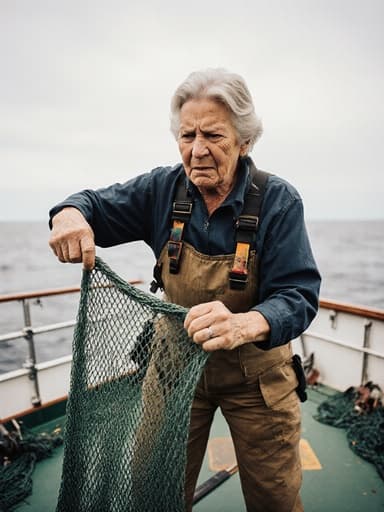 50대 백인 여성의 전신 사진으로, 자연스러운 외모를 가진 편안한 작업복을 입고 있는 모습입니다. 그녀는 어선의 갑판에서 어망을 설치하며 화난 표정을 짓고 격한 동작으로 어망을 펼치고 있습니다. 이 장면은 잘 갖춰진 어선의 배경 속에서 그녀의 작업의 본질을 잘 담고 있습니다.