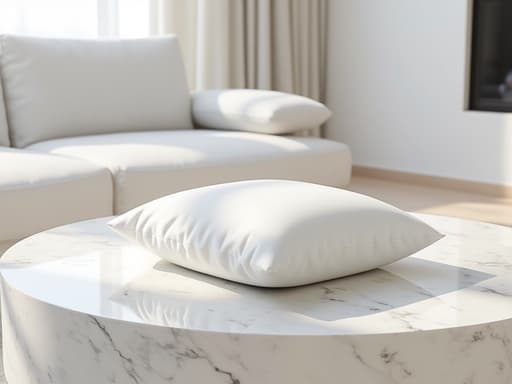 현대적인 흰색 라운지의 매끈한 흰색 대리석 테이블 위에 놓인 울트라 리얼한 선케어 쿠션, 부드러운 자연광, 미세한 그림자와 반사, 평화롭고 우아하며 깨끗함