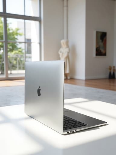 노트북, 디지털 기기, 미니멀리즘 아트가 있는 미술관, 현대적이고 세련된, 창의적인