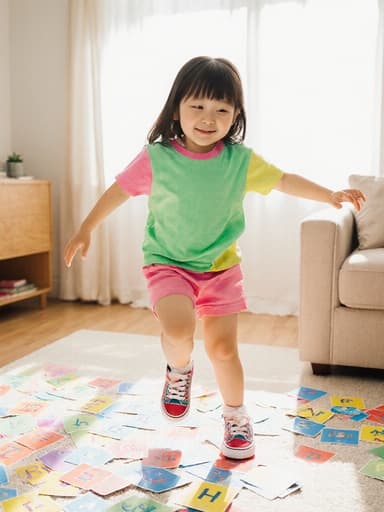 이미지는 화사한 의상을 입은 7세 한국인 여아가 아늑한 거실 바닥에 흩어진 알파벳 카드 위에서 즐겁게 점프하며 호기심과 장난기 가득한 표정을 짓고 있는 모습을 담고 있습니다.