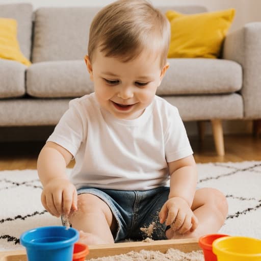 3세의 유럽계 남아가 편안한 티셔츠와 반바지를 입고, 밝고 아늑한 거실 바닥에 앉아 모래놀이 세트로 즐겁게 놀고 있습니다. 그는 순수한 미소를 지으며 장난감과 교감하고 있으며, 자연광이 가득한 따뜻한 분위기 속에서 어린 시절의 순수함을 나타냅니다.
